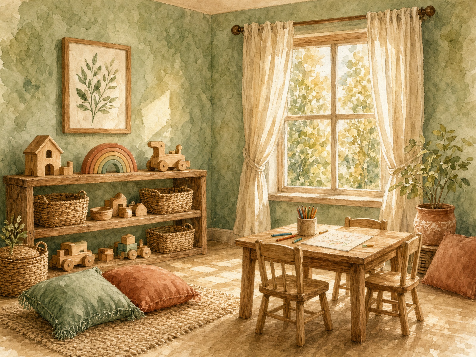 Watercolor of a warm indoor play space
