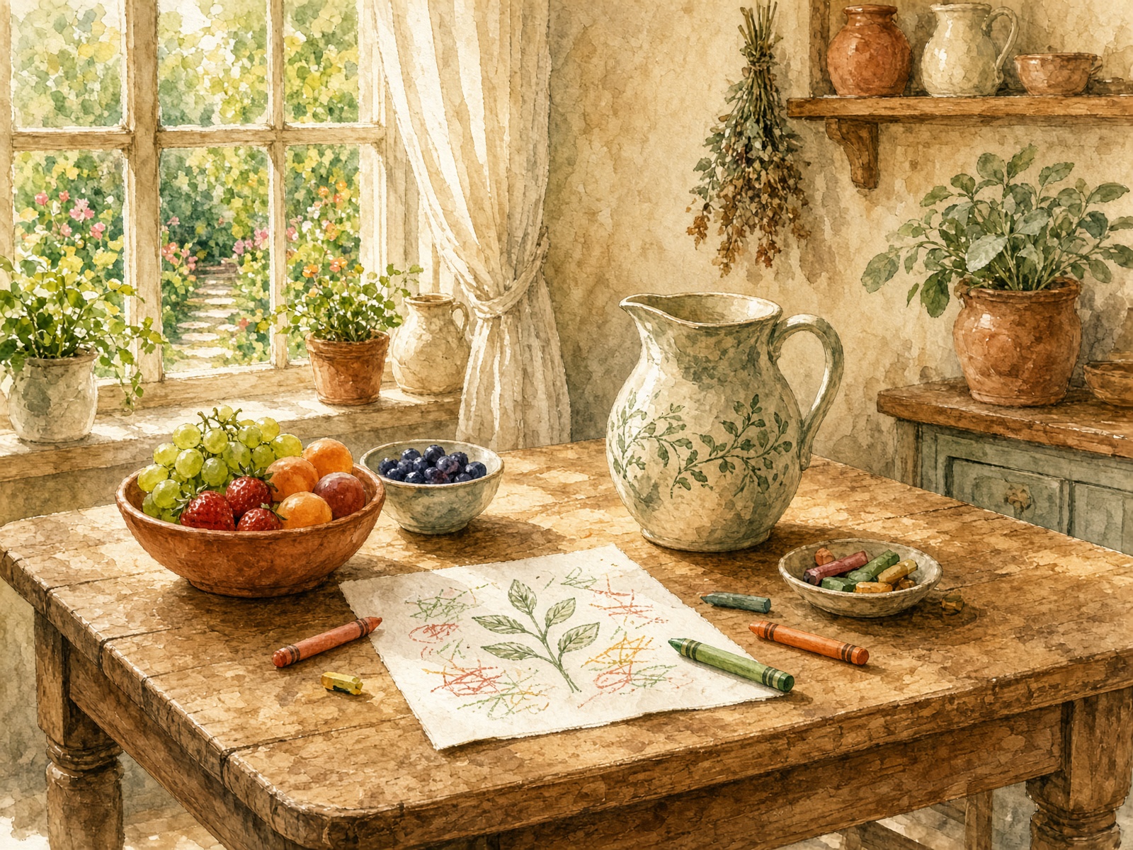 Watercolor of a kitchen table set for snack and activity time